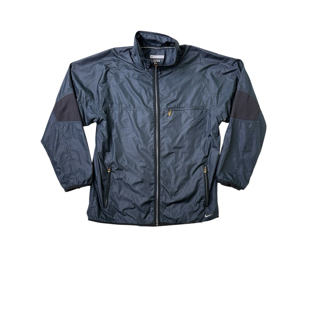 Nike Men's Windbreaker Jacket Collared Full Zip Black Swoosh Spell Out Y2K Large